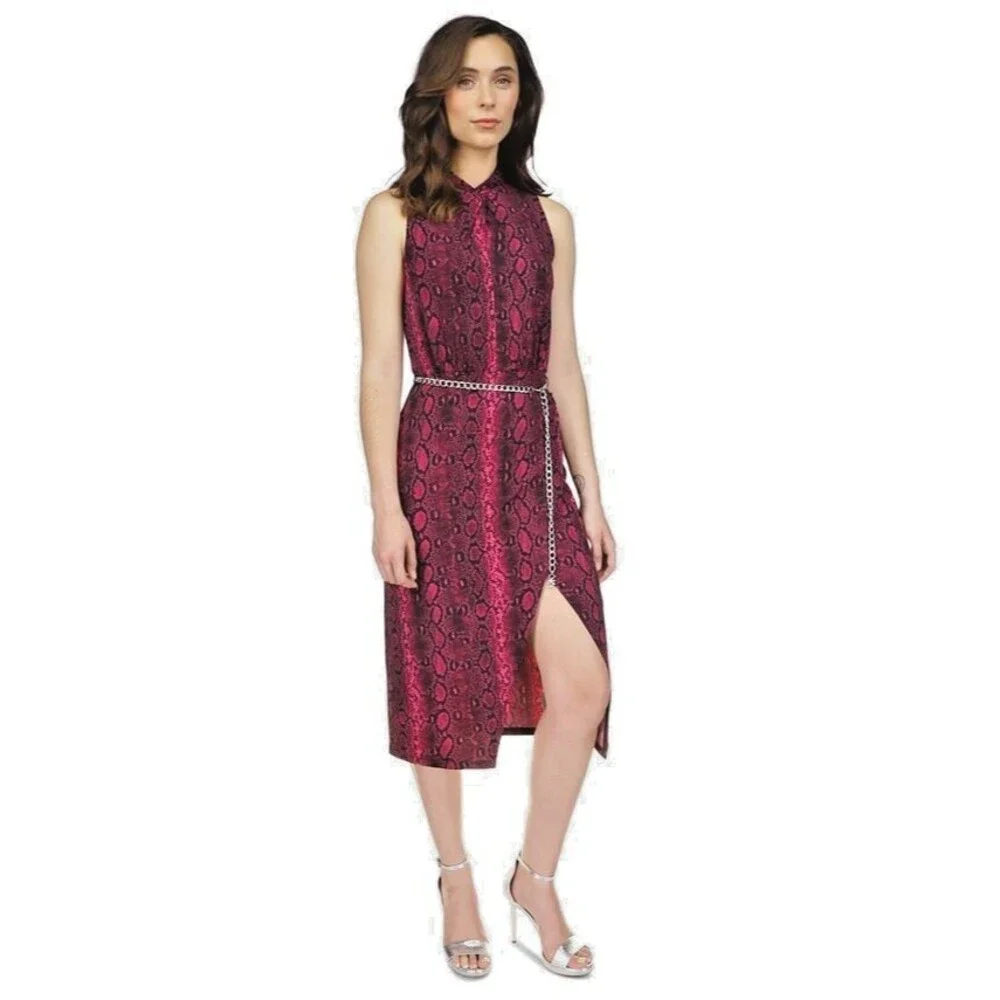 Michael Kors Women's Snakeskin-Print Sleeveless Midi Dress Fuchsia L (NO BELT)